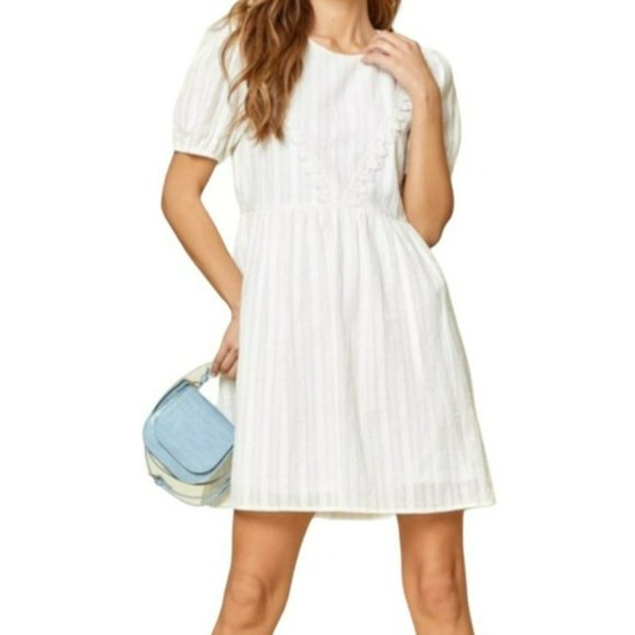 Andree by Unit Puff Sleeve A-Line Striped Mini Dress White Size Large NWT - Picture 1 of 4
